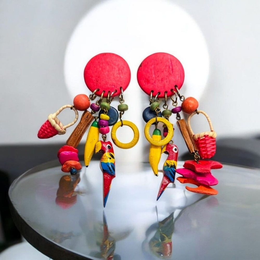 Artisan Colorful Parrot Banana Beads Wooden Dangle Earrings - Picture 2 of 15